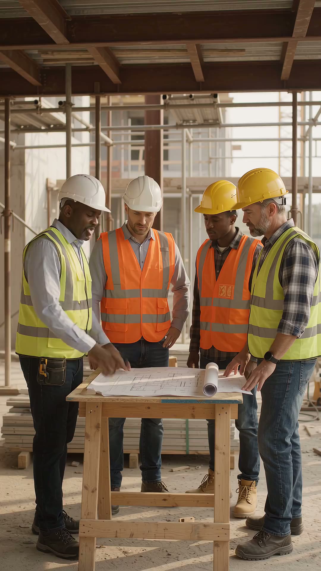 Black and white KenPatrick construction professionals reviewing plans at a project site